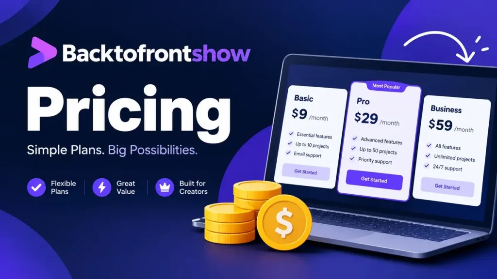 Backtofrontshow Pricing plans featuring Basic, Pro, and Business subscription options.
