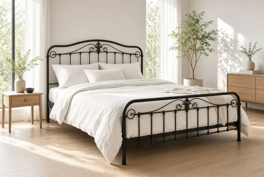 Elegant black wrought iron Jernsenger bed frame with decorative headboard and footboard, white linen bedding in a bright modern Nordic bedroom with natural light and minimalist furniture