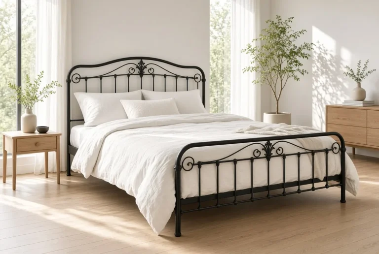 Elegant black wrought iron Jernsenger bed frame with decorative headboard and footboard, white linen bedding in a bright modern Nordic bedroom with natural light and minimalist furniture