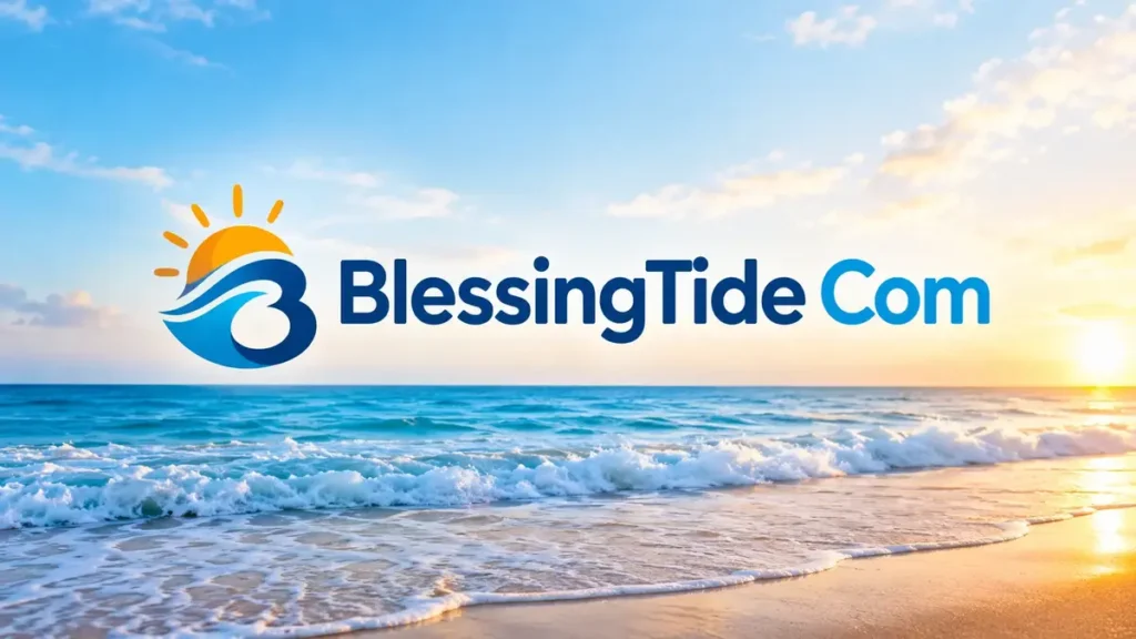 BlessingTide Com logo with a beautiful ocean wave and sunrise beach background