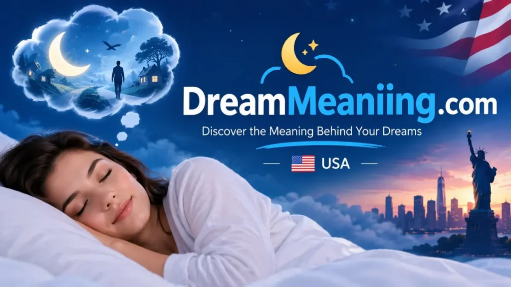 DreamMeaniing.com USA website banner featuring a sleeping woman, a dreamy night sky, moon, stars, and the American skyline.