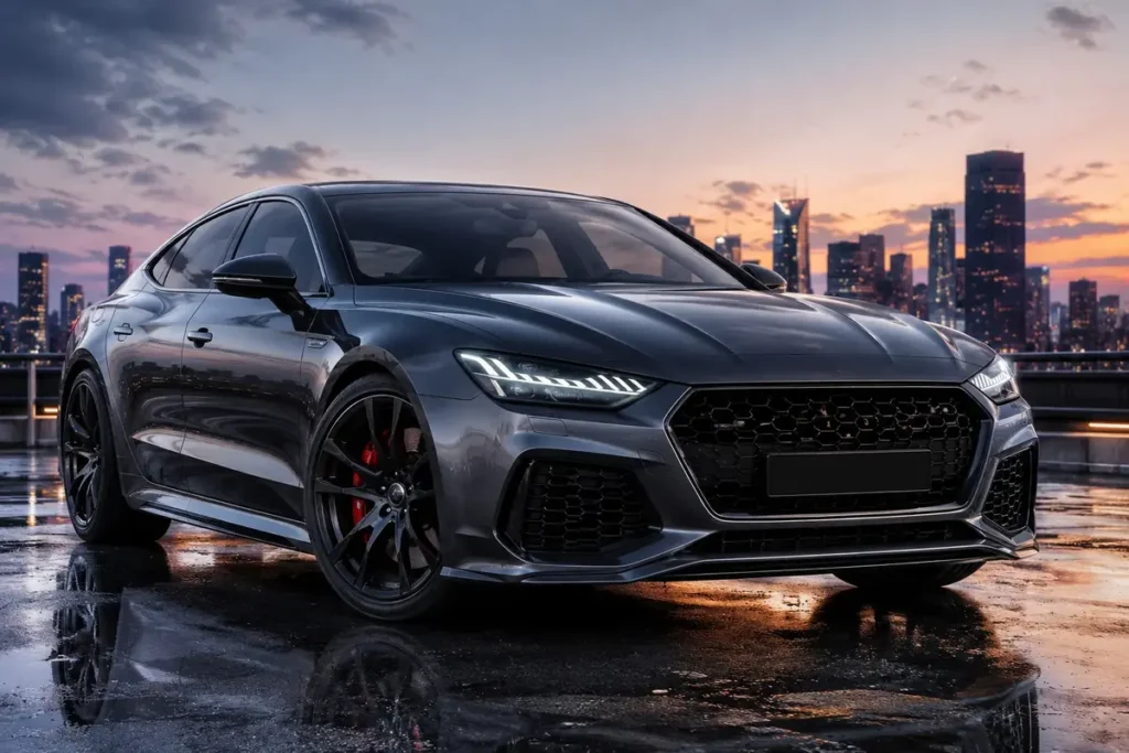 Fraboc luxury dark sports car parked on a wet rooftop with a beautiful city skyline at sunset.