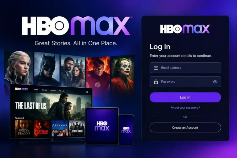 HBO Max login page design with email and password fields and streaming content previews.