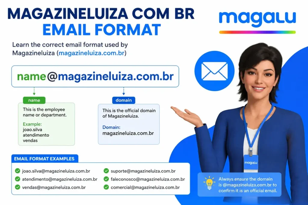 Magazineluiza com br email format showing the email address structure and domain examples.