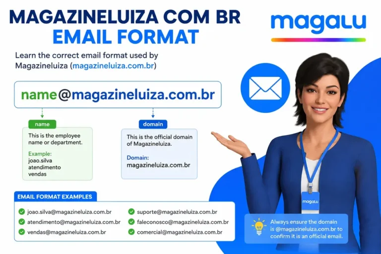Magazineluiza com br email format showing the email address structure and domain examples.