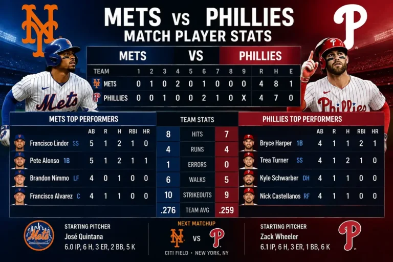 Mets vs Phillies match player stats featuring team comparisons, player batting statistics, runs, hits, and starting pitchers.