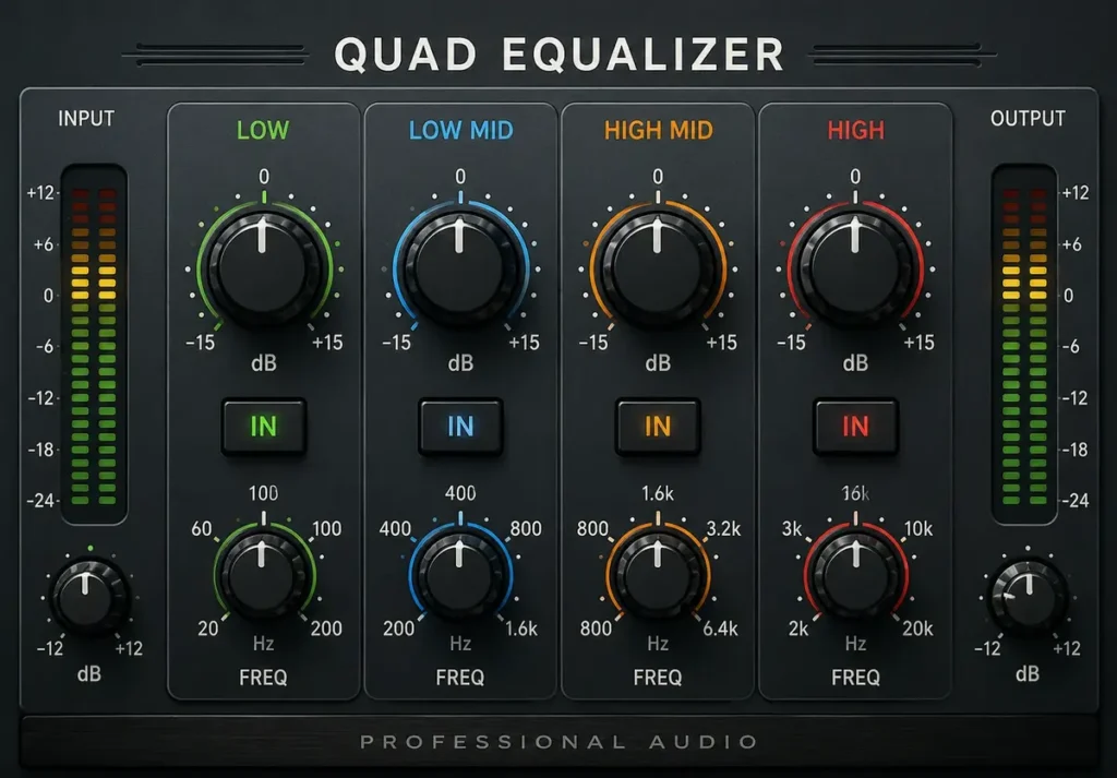 Quad Equalizer with four-band audio controls and frequency adjustment knobs