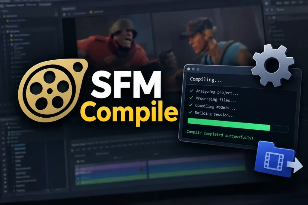 SFM Compile process showing Source Filmmaker project compilation, build progress, and output files.