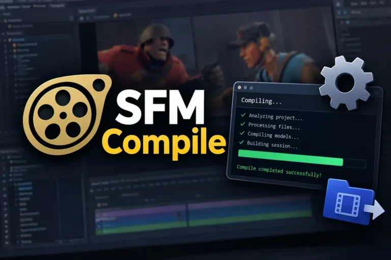 SFM Compile process showing Source Filmmaker project compilation, build progress, and output files.