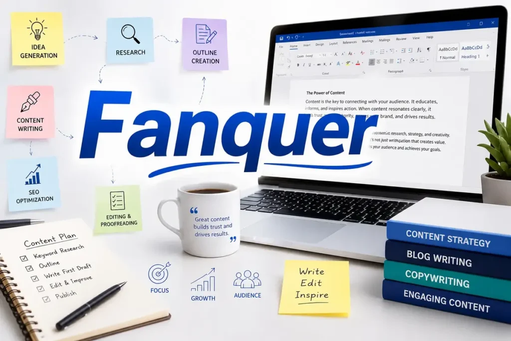 Fanquer content writing and SEO workspace with laptop, keyword research, and content planning tools Copy Alt Text